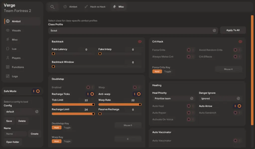Verge aimbot and misc menu screenshot