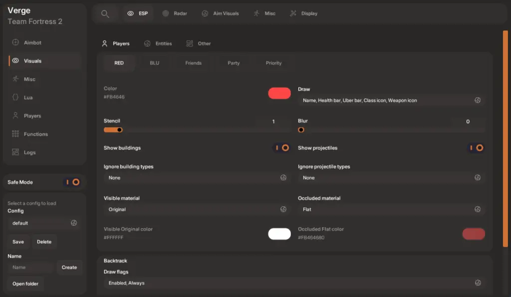 Verge ESP menu screenshot