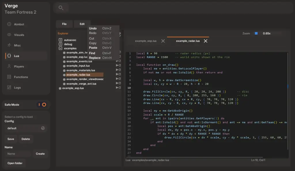 Verge Lua menu screenshot